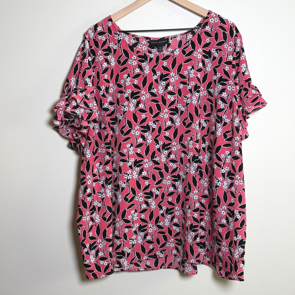Lane Bryant Pink Floral Ruffle Sleeve Blouse Plus Size 28 Scoop Office Event